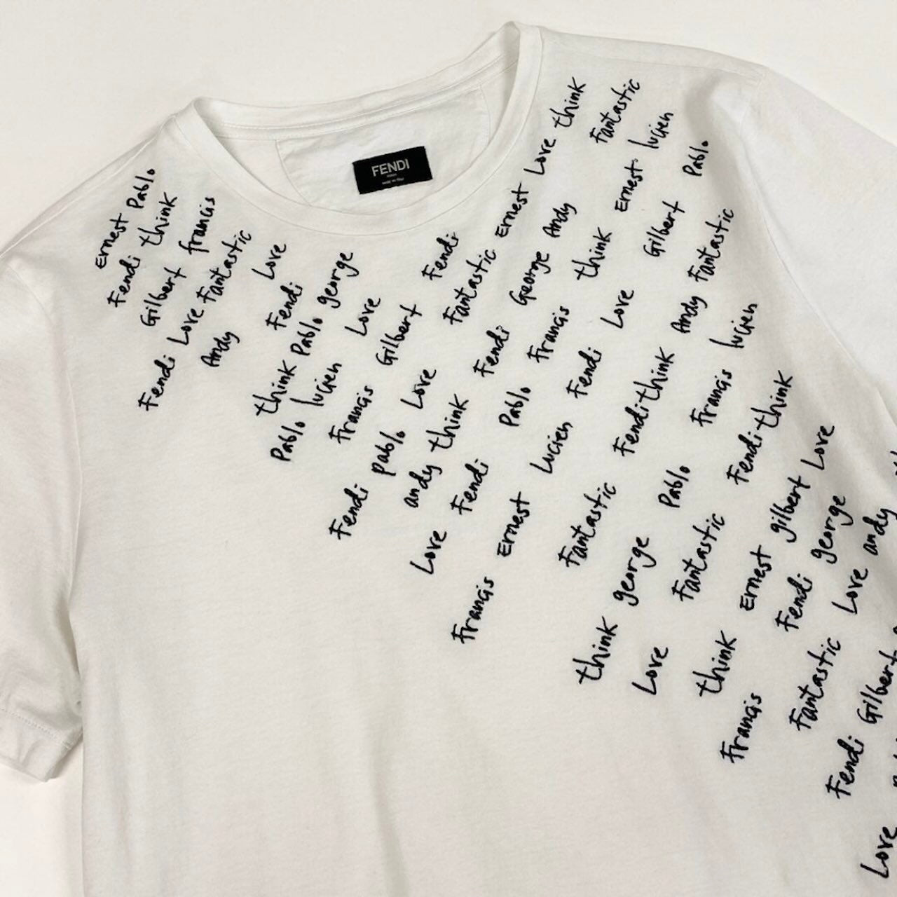 FENDI フェンディ クルーネックTシャツ エンブロイダリーTシャツ 文字刺繍 ホワイト コットン 半袖Ｔシャツ メンズ B