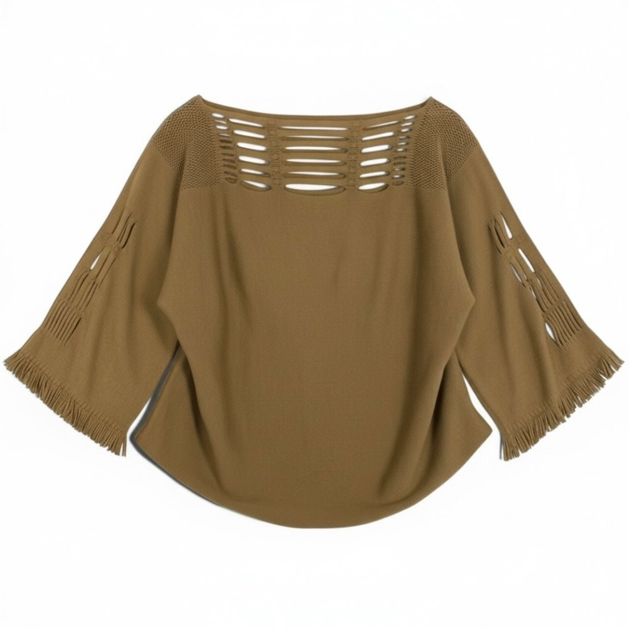 ISSEY MIYAKE A-POC INSIDE イッセイミヤケ エイポック インサイド カットワーク ニットカットソー トップス フリンジ ベージュ コットン / ナイロン IM33KK322 半袖Ｔシャツ レディース AB