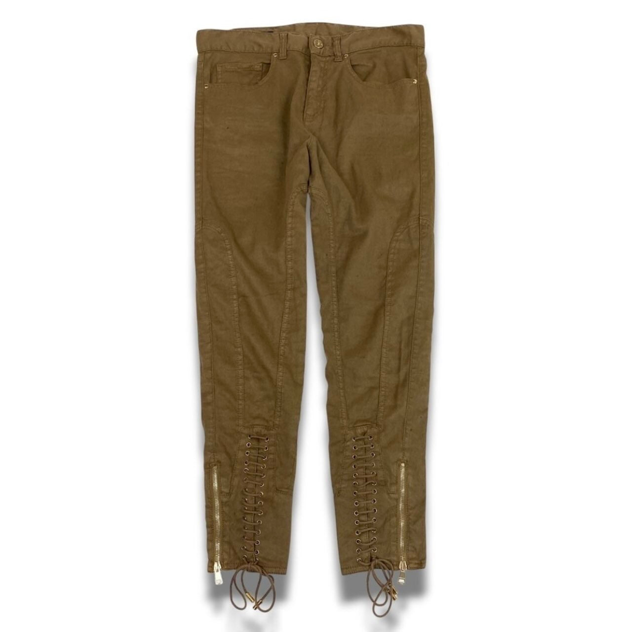 GUCCI グッチ レースアップ ジョッパーパンツ リネンパンツ ライトブラウン リネン / コットン / ポリウレタン 牛革 パンツ レディース AB
