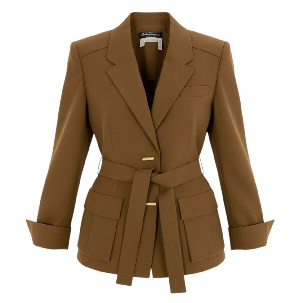 Salvatore Ferragamo サルヴァトーレフェラガモ Belted Half Coat Jacket Camel Cotton Gold Logo Button キャメル コットン テーラードジャケット レディース B