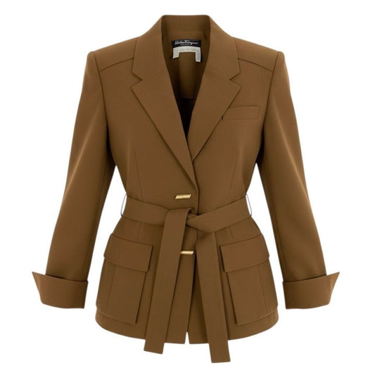 Salvatore Ferragamo サルヴァトーレフェラガモ Belted Half Coat Jacket Camel Cotton Gold Logo Button キャメル コットン テーラードジャケット レディース B