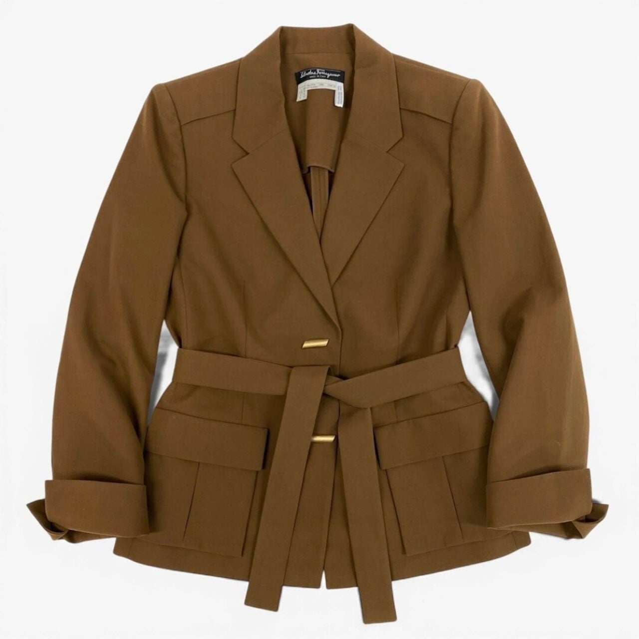 Salvatore Ferragamo サルヴァトーレフェラガモ Belted Half Coat Jacket Camel Cotton Gold Logo Button キャメル コットン テーラードジャケット レディース B