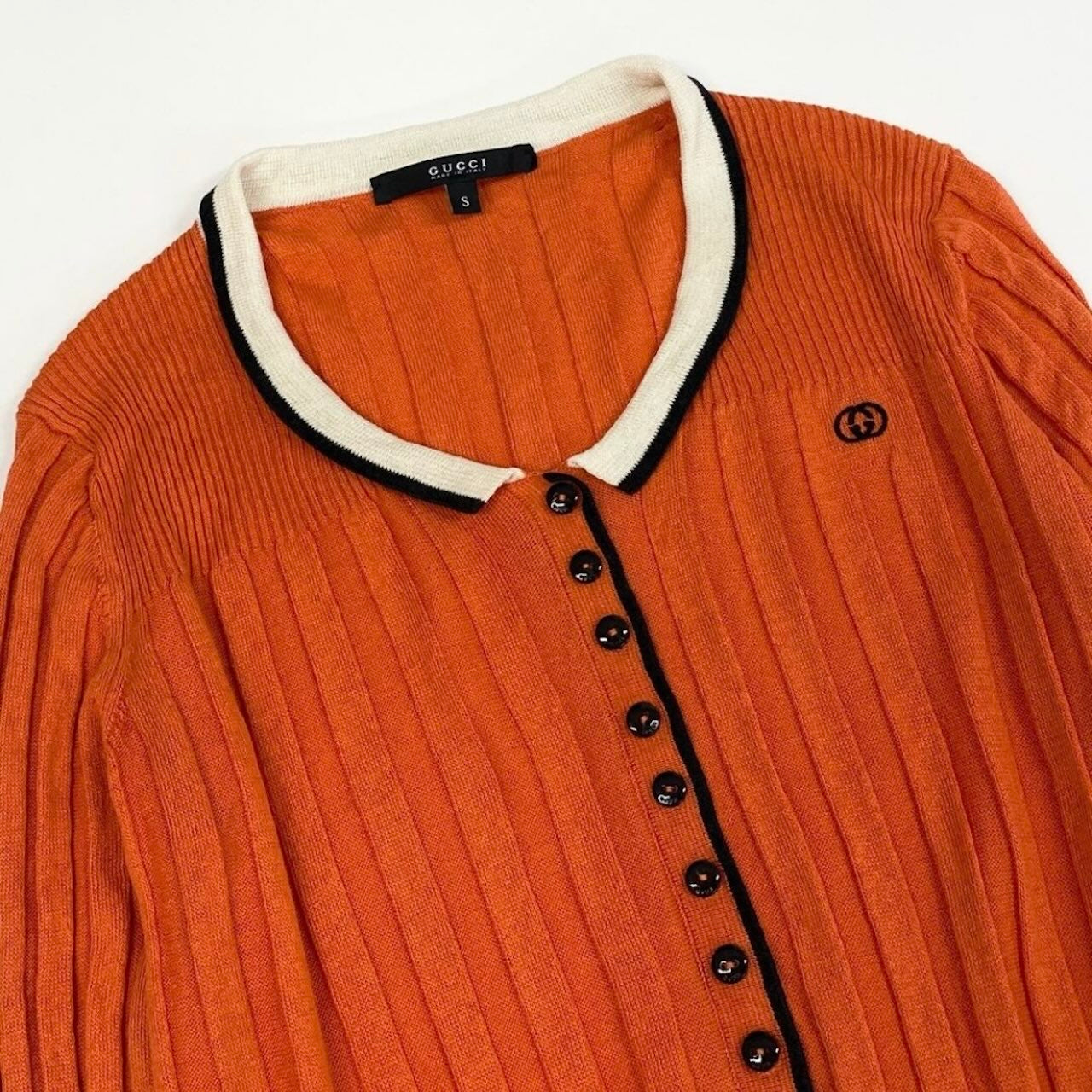 GUCCI グッチ トムフォード期 リブニット ロングスリーブカーディガン インターロッキングG ワンポイント刺繡 オレンジ リネン / シルク カーディガン レディース AB