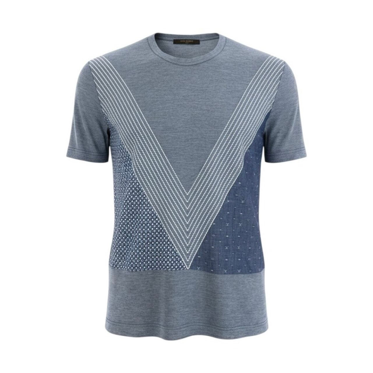 LOUIS VUITTON ルイヴィトン パッチワーク モノグラム カットソー ステッチデザイン ブルー コットン 半袖Ｔシャツ メンズ AB