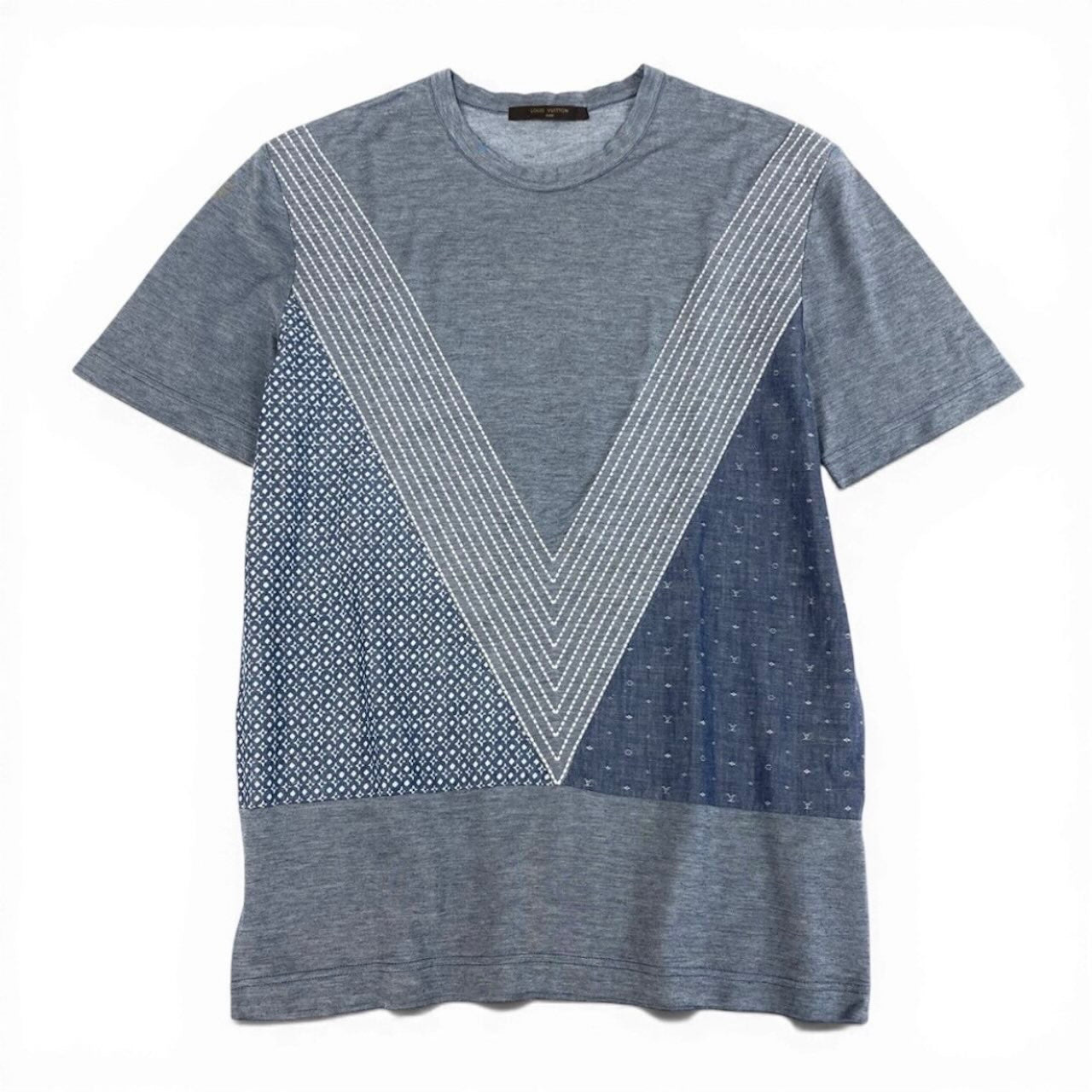 LOUIS VUITTON ルイヴィトン パッチワーク モノグラム カットソー ステッチデザイン ブルー コットン 半袖Ｔシャツ メンズ AB