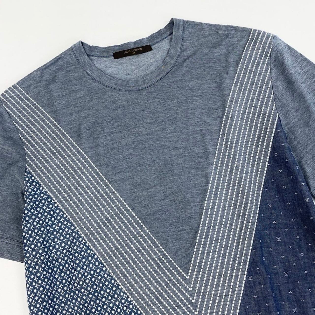 LOUIS VUITTON ルイヴィトン パッチワーク モノグラム カットソー ステッチデザイン ブルー コットン 半袖Ｔシャツ メンズ AB