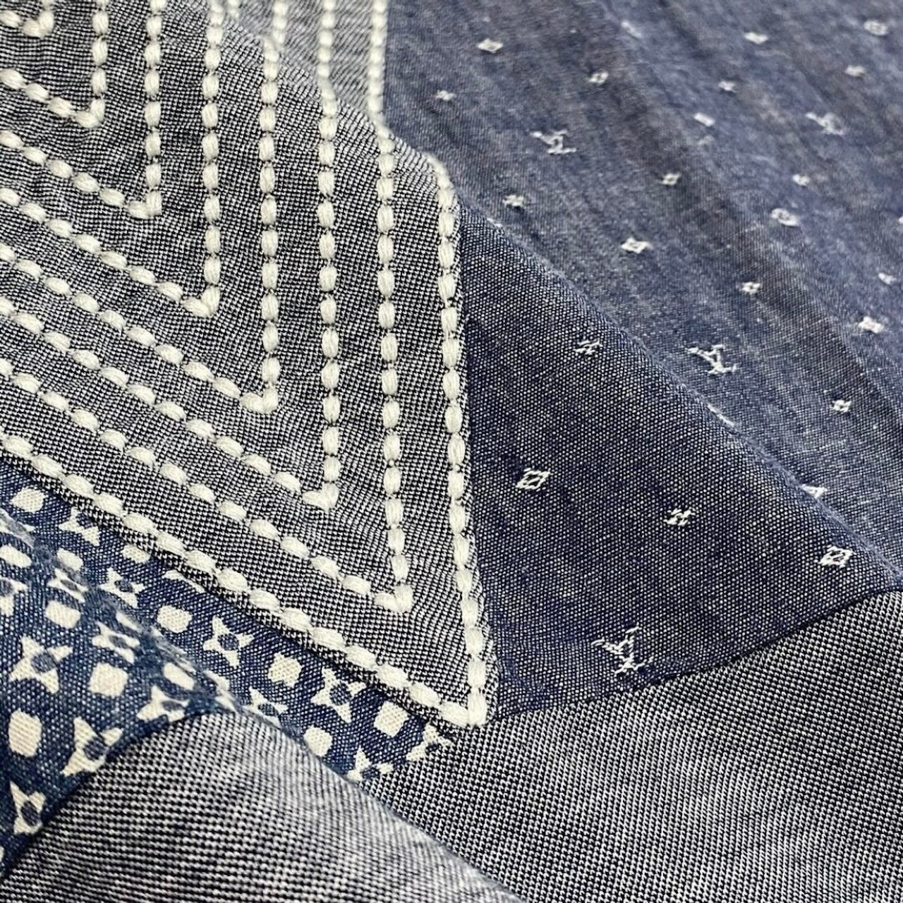 LOUIS VUITTON ルイヴィトン パッチワーク モノグラム カットソー ステッチデザイン ブルー コットン 半袖Ｔシャツ メンズ AB