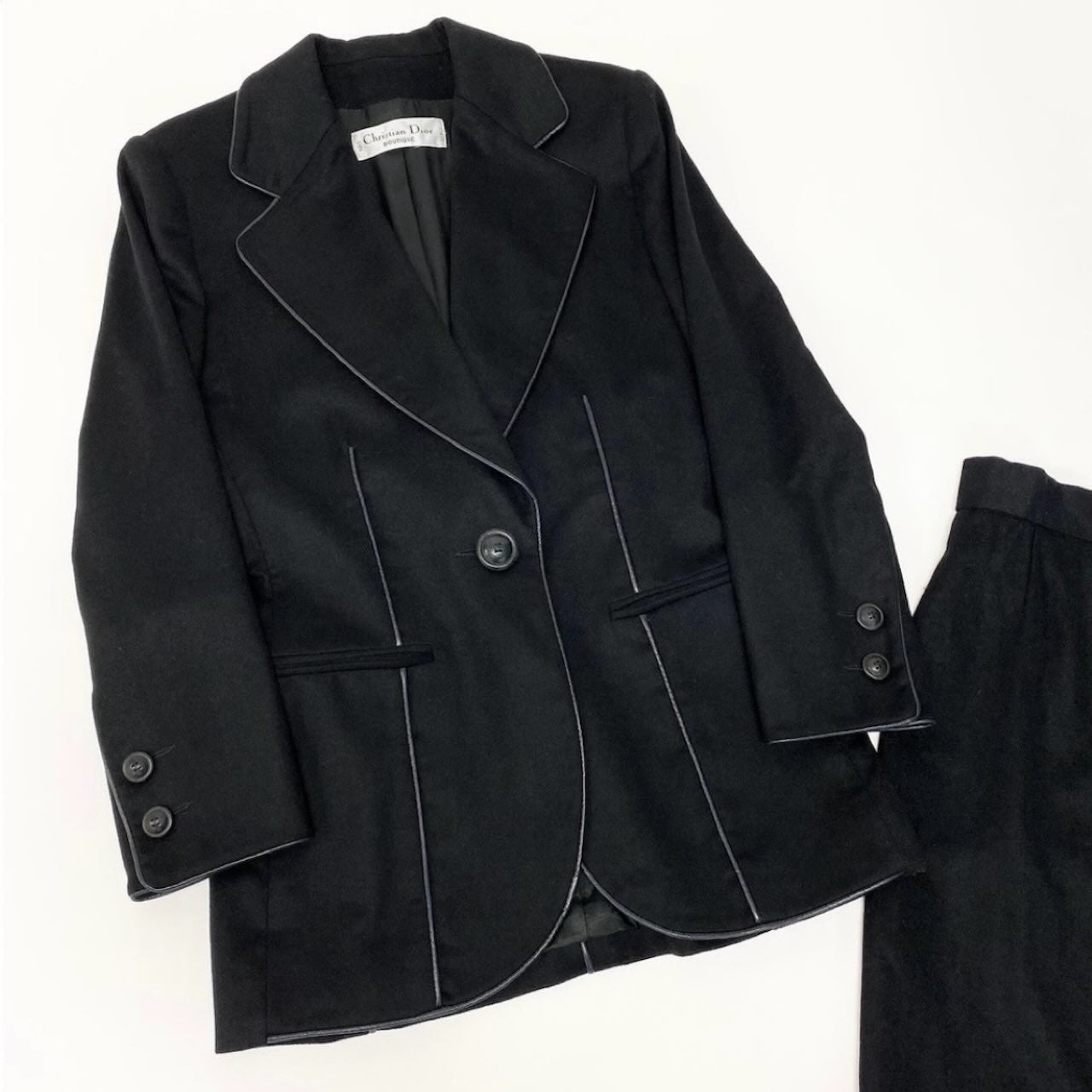 Christian Dior クリスチャンディオール ヴィンテージ ブティック ビンテージ スカートセットアップ テーラードジャケット スカート レザーパイピング ブラック ウール セットアップ レディース AB
