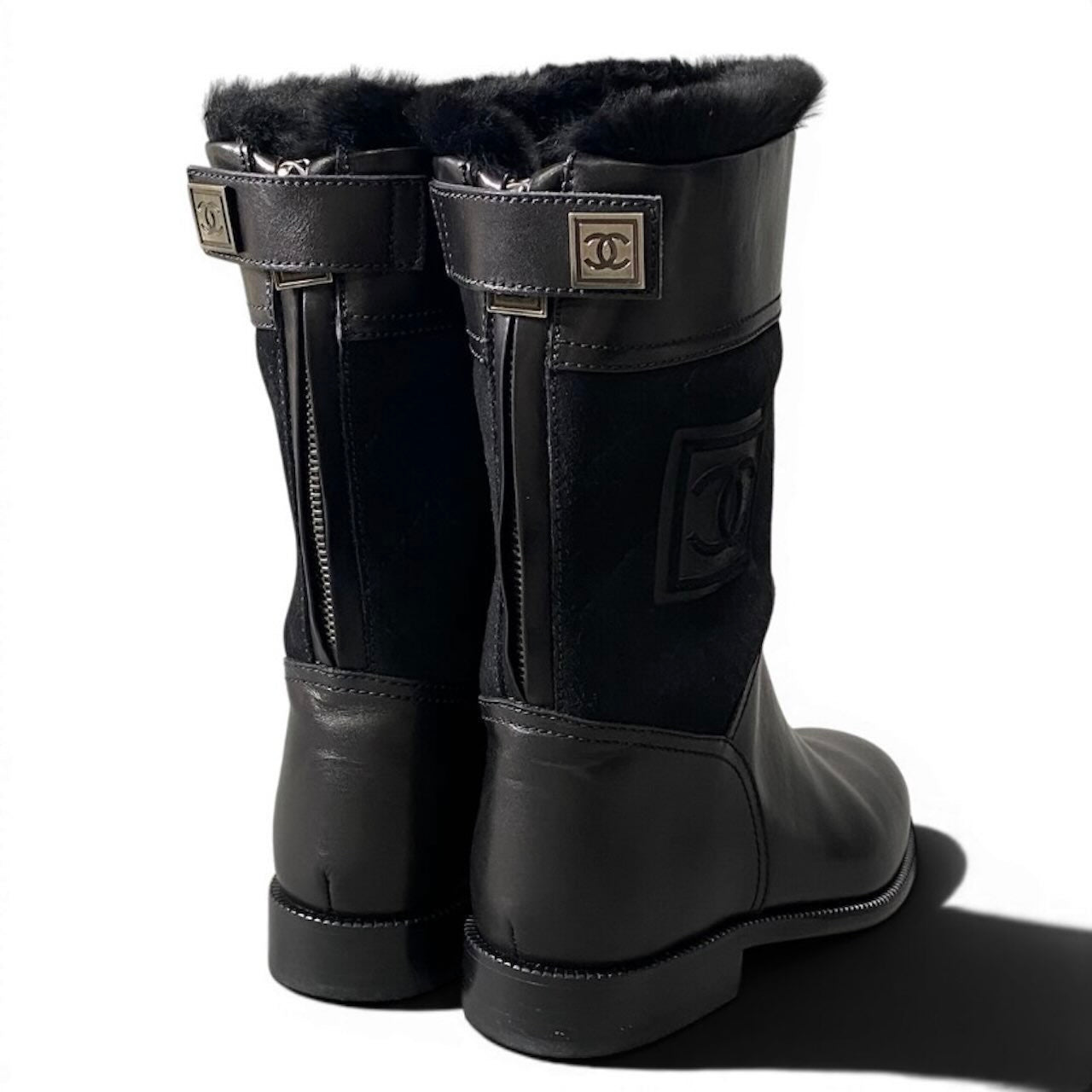 CHANEL シャネル シャネル スポーツ バックジップ ミドルブーツ ココマーク ブラック レザー ブーツ レディース A