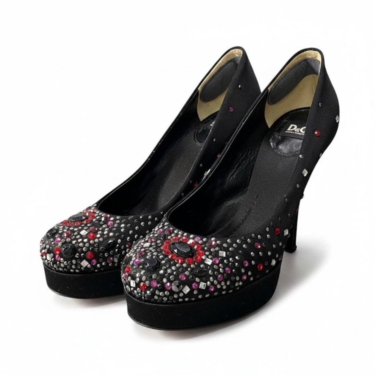 DOLCE&GABBANA ドルチェアンドガッバーナ ラインストーン パンプス ブラック サテン パンプス レディース B