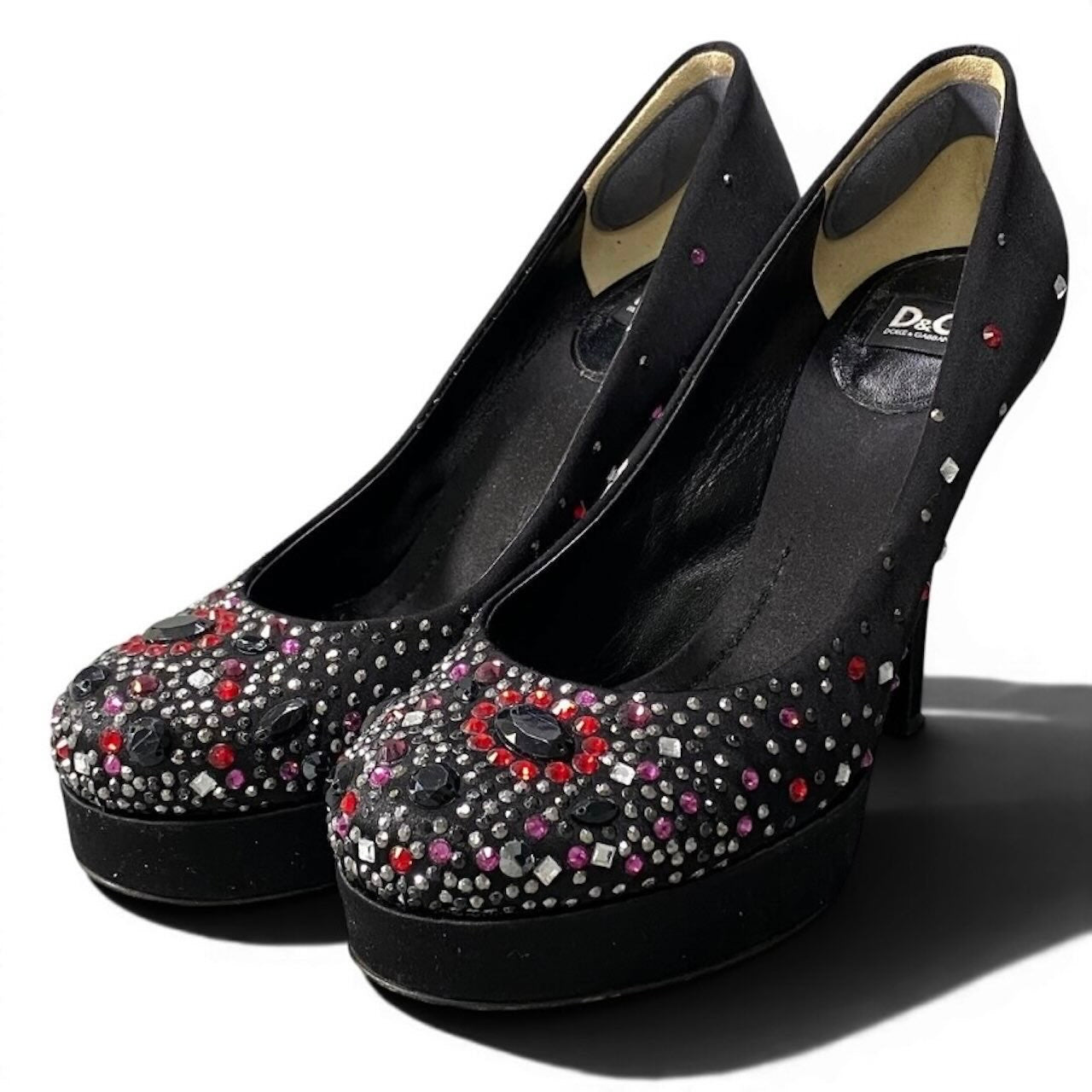 DOLCE&GABBANA ドルチェアンドガッバーナ ラインストーン パンプス ブラック サテン パンプス レディース B
