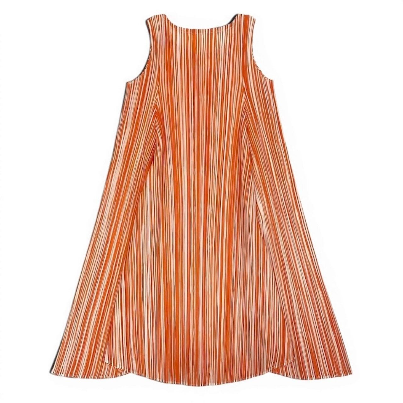 PLEATS PLEASE プリーツプリーズ 変形ノースリーブワンピース ストライプ オレンジ ホワイト ポリエステル PP73-JH675 ワンピース レディース B