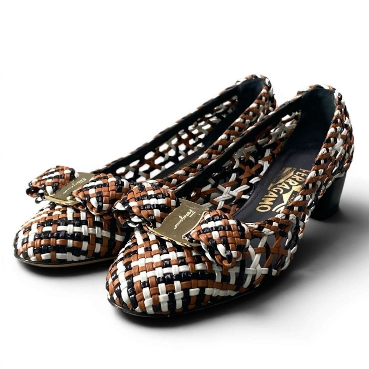 Salvatore Ferragamo サルヴァトーレフェラガモ ヴァラリボンパンプス 編み込み メッシュ シューズ マルチカラー レザー パンプス レディース AB