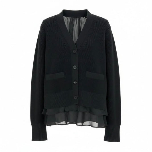 Sacai サカイ ニット サテン カーディガン ロングスリーブ ブラック コットン / ポリエステル 23-06500 カーディガン レディース AB