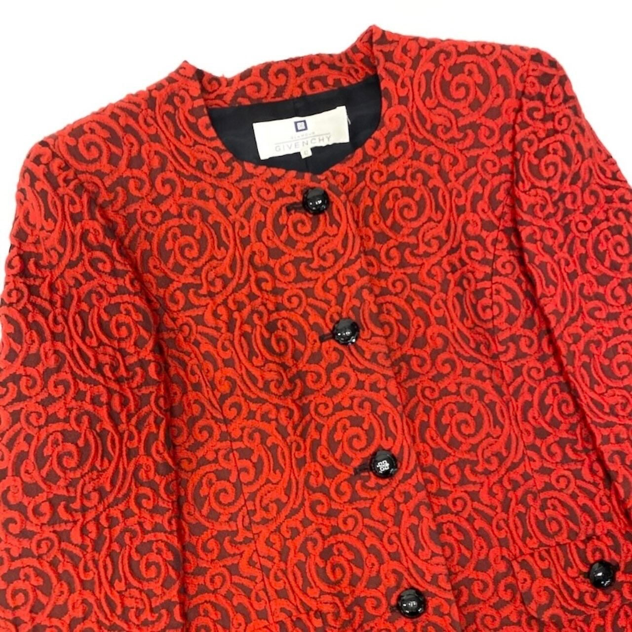 GIVENCHY ジバンシィ ロングジャケット 総柄 立体刺繍 ロゴボタン レッド アクリル / ウール / アセテート キュプラ ノーカラージャケット レディース ABP