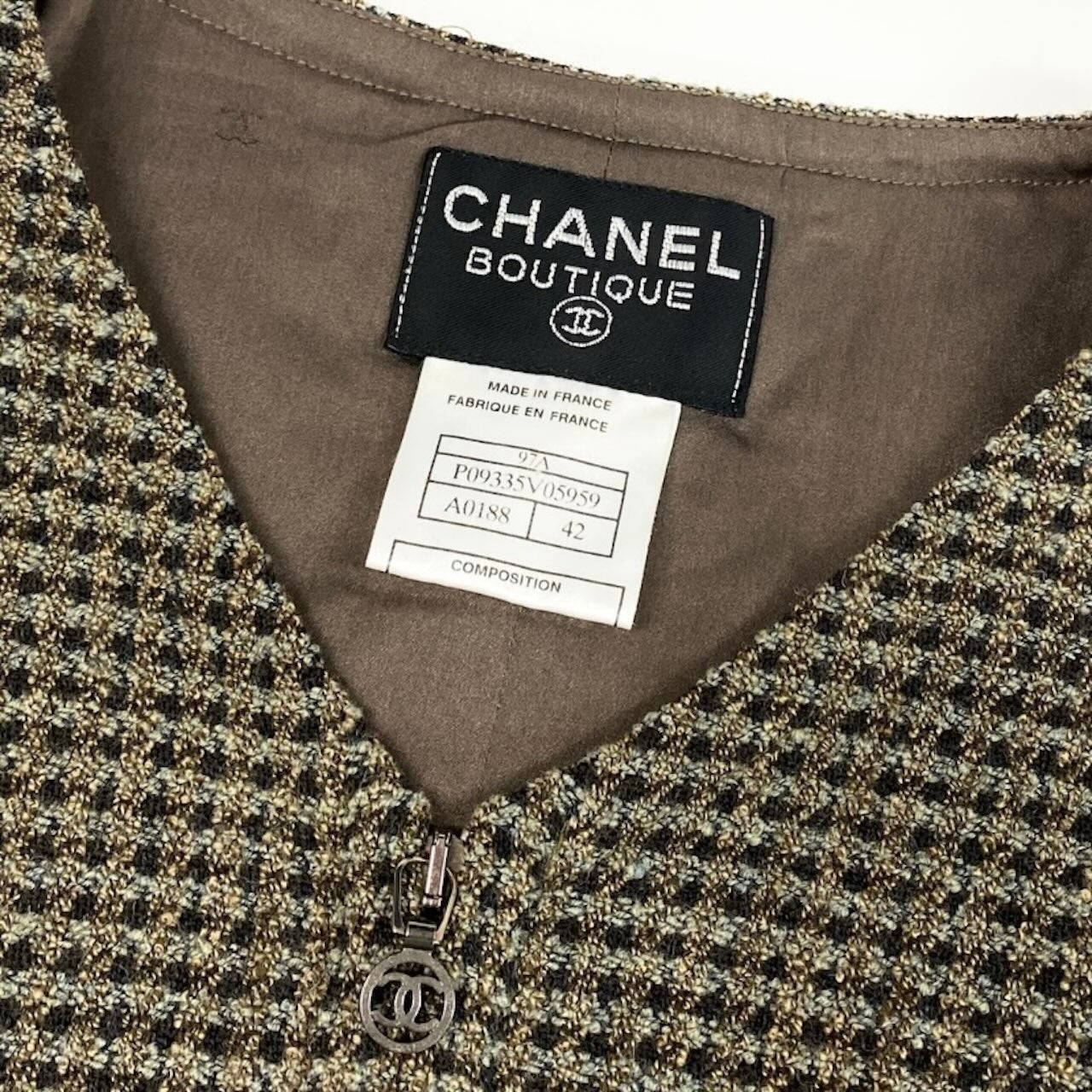 CHANEL シャネル フロントジップ ツイードワンピース Aライン ココマーク ブラウン ブラック ウール / ナイロン / シルク ライクラ P09335V05959 ワンピース レディース ABP