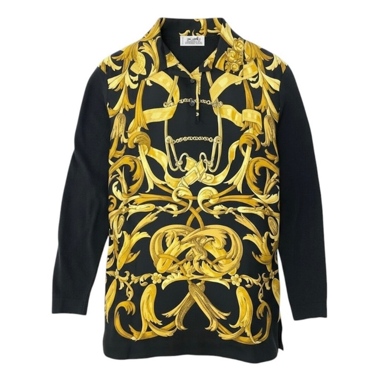 HERMES エルメス ヴィンテージ シルク切替 ニットポロシャツ ロングスリーブ ニットトップス スカーフ柄 ブラック シルク / コットン / カシミヤ ポロシャツ レディース B