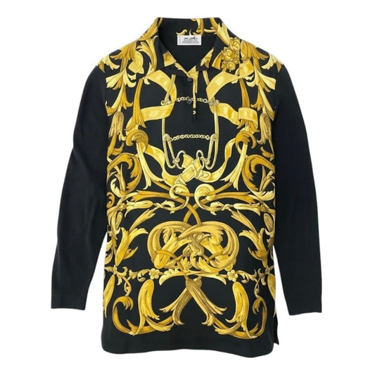 HERMES エルメス ヴィンテージ シルク切替 ニットポロシャツ ロングスリーブ ニットトップス スカーフ柄 ブラック シルク / コットン / カシミヤ ポロシャツ レディース B