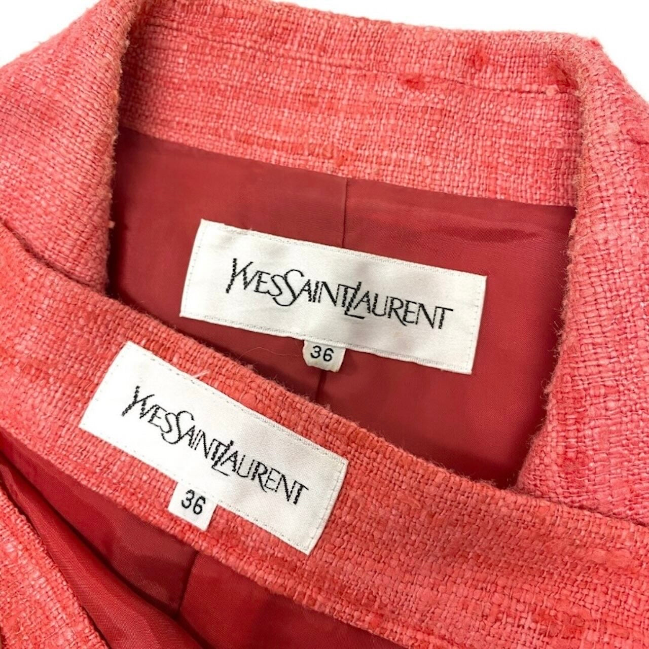 YVES SAINT LAURENT イヴ サンローラン スカートスーツ ツイードジャケット 膝丈スカート ピンク シルク セットアップ レディース B