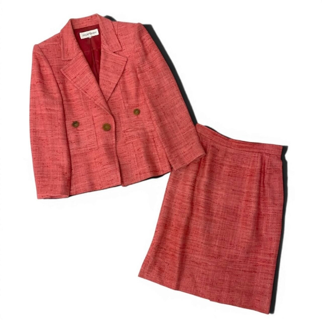 YVES SAINT LAURENT イヴ サンローラン スカートスーツ ツイードジャケット 膝丈スカート ピンク シルク セットアップ レディース B