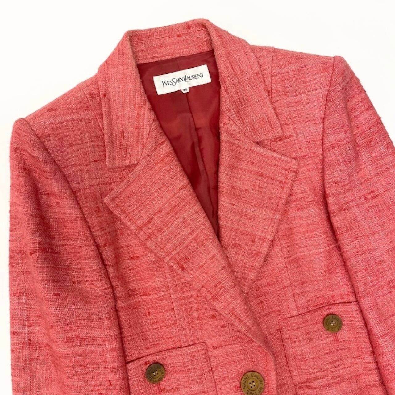 YVES SAINT LAURENT イヴ サンローラン スカートスーツ ツイードジャケット 膝丈スカート ピンク シルク セットアップ レディース B