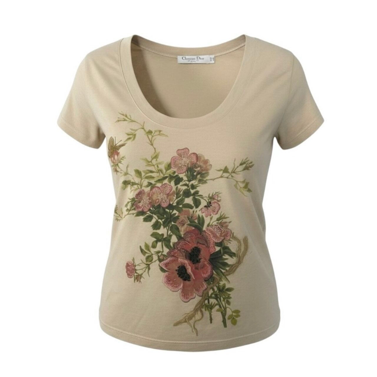 Christian Dior クリスチャンディオール ガリアーノ期 Uネック 花刺繍 ベージュ ベビーピンク コットン 半袖Ｔシャツ レディース BC