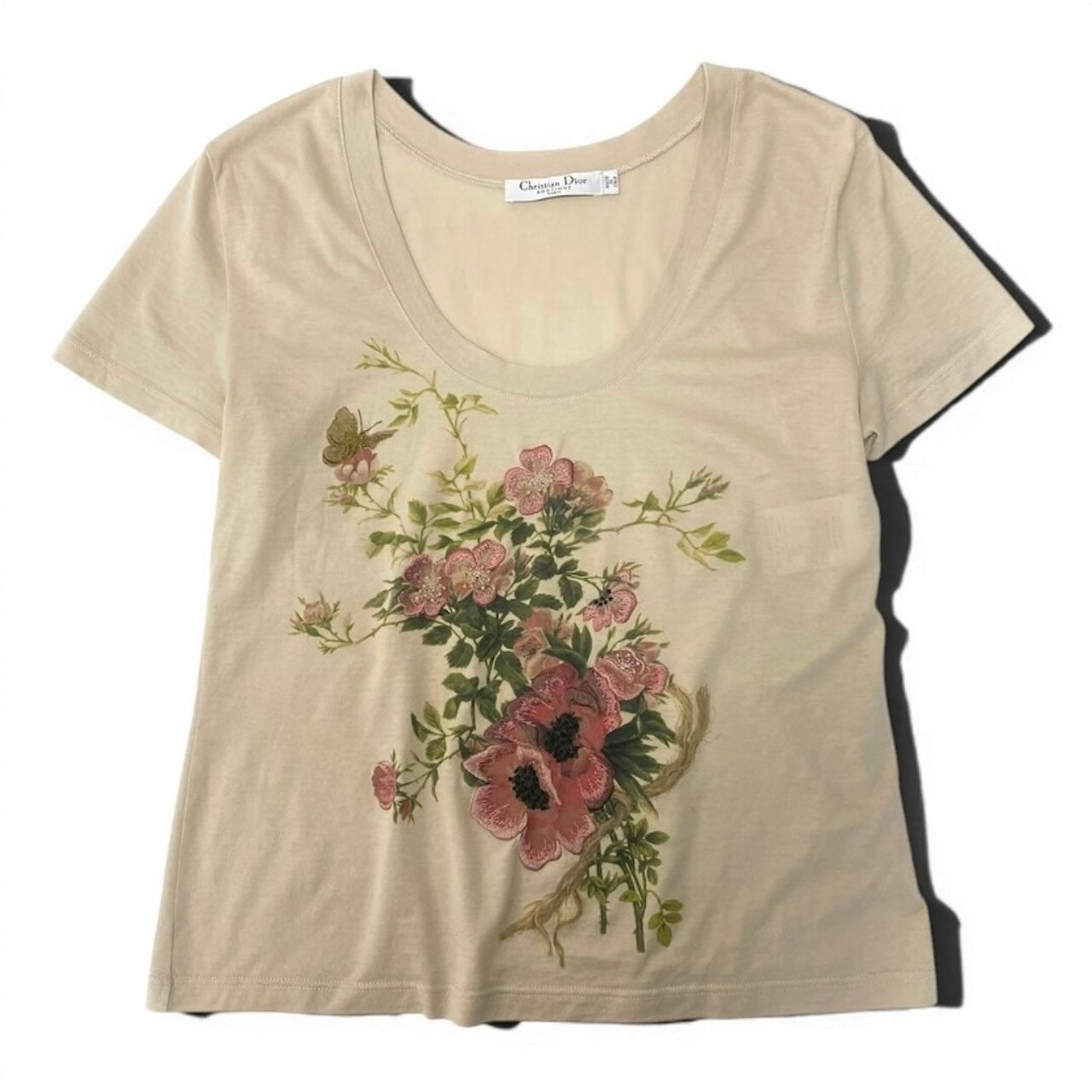 Christian Dior クリスチャンディオール ガリアーノ期 Uネック 花刺繍 ベージュ ベビーピンク コットン 半袖Ｔシャツ レディース BC