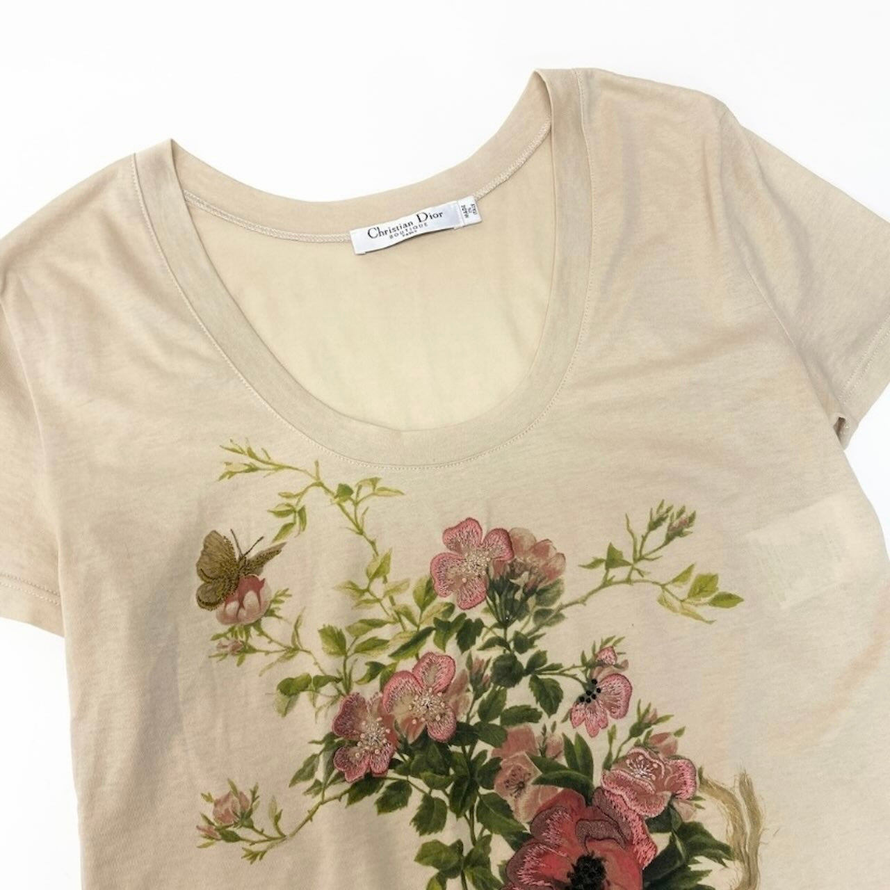 Christian Dior クリスチャンディオール ガリアーノ期 Uネック 花刺繍 ベージュ ベビーピンク コットン 半袖Ｔシャツ レディース BC