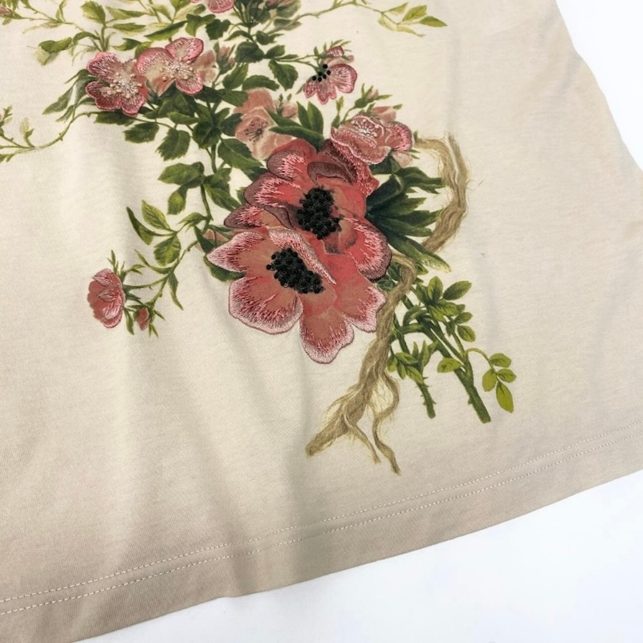Christian Dior クリスチャンディオール ガリアーノ期 Uネック 花刺繍 ベージュ ベビーピンク コットン 半袖Ｔシャツ レディース BC