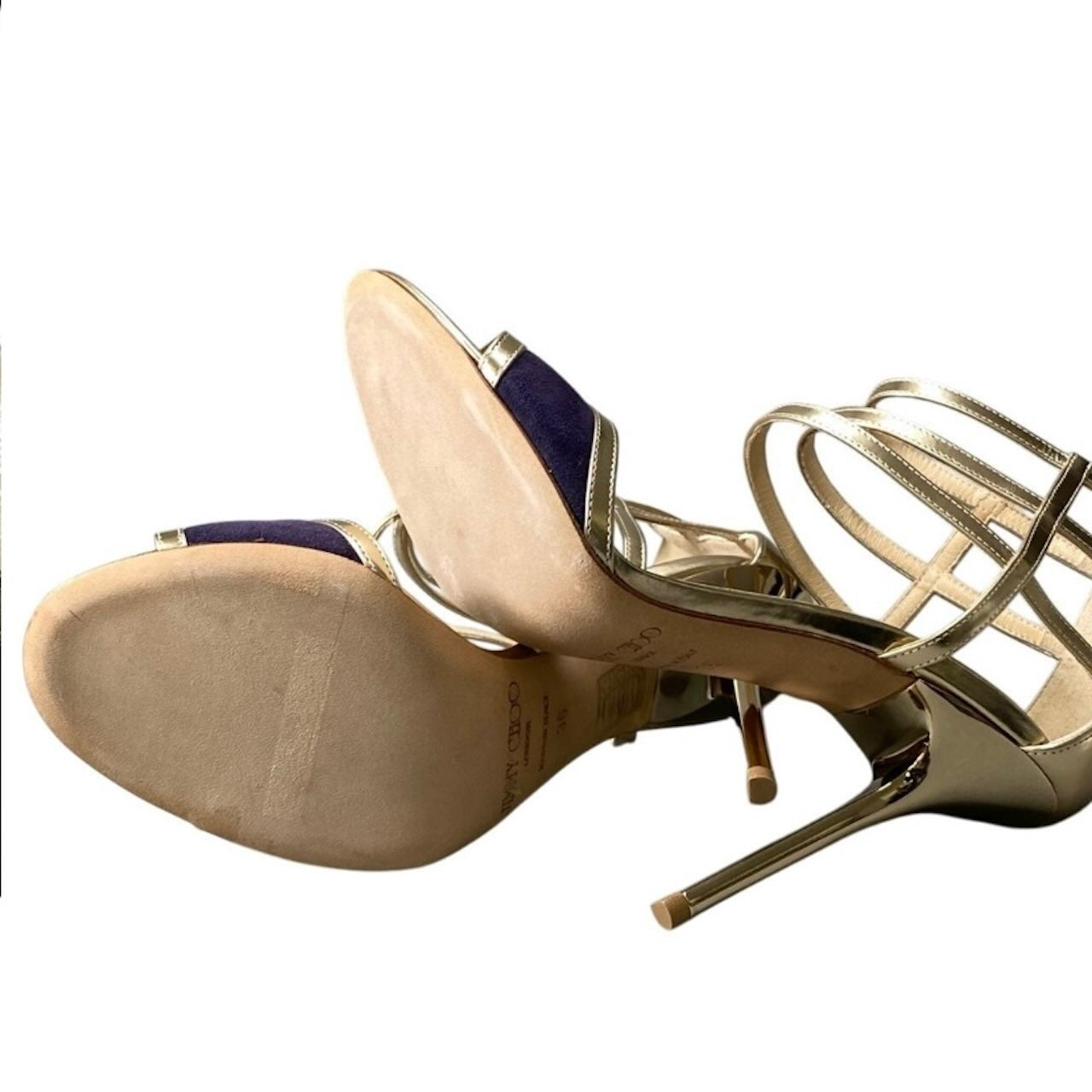 JIMMY CHOO ジミーチュウ メタリックヒールサンダル スエード切替 ゴールド パテントレザー パンプス レディース A