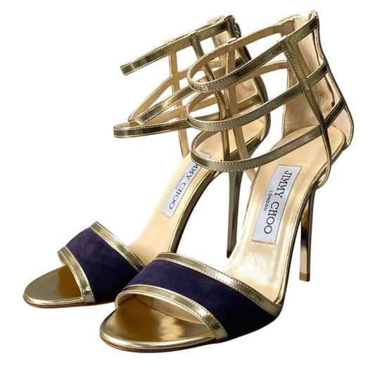 JIMMY CHOO ジミーチュウ メタリックヒールサンダル スエード切替 ゴールド パテントレザー パンプス レディース A