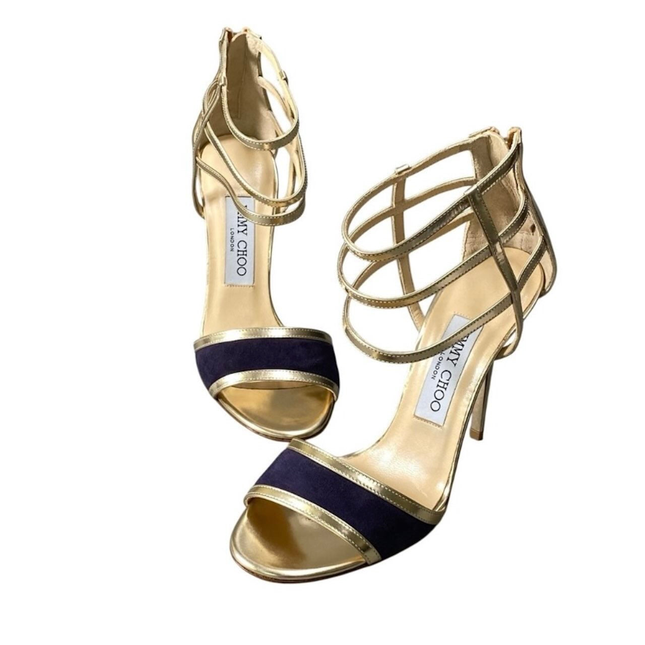 JIMMY CHOO ジミーチュウ メタリックヒールサンダル スエード切替 ゴールド パテントレザー パンプス レディース A