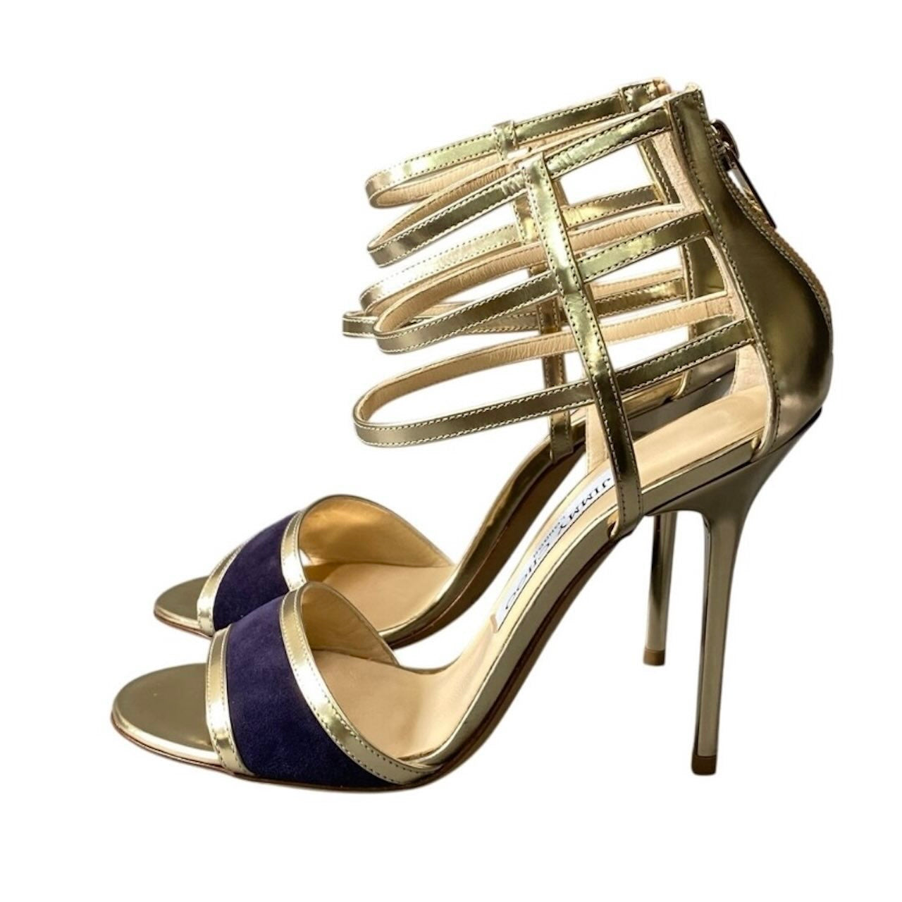 JIMMY CHOO ジミーチュウ メタリックヒールサンダル スエード切替 ゴールド パテントレザー パンプス レディース A