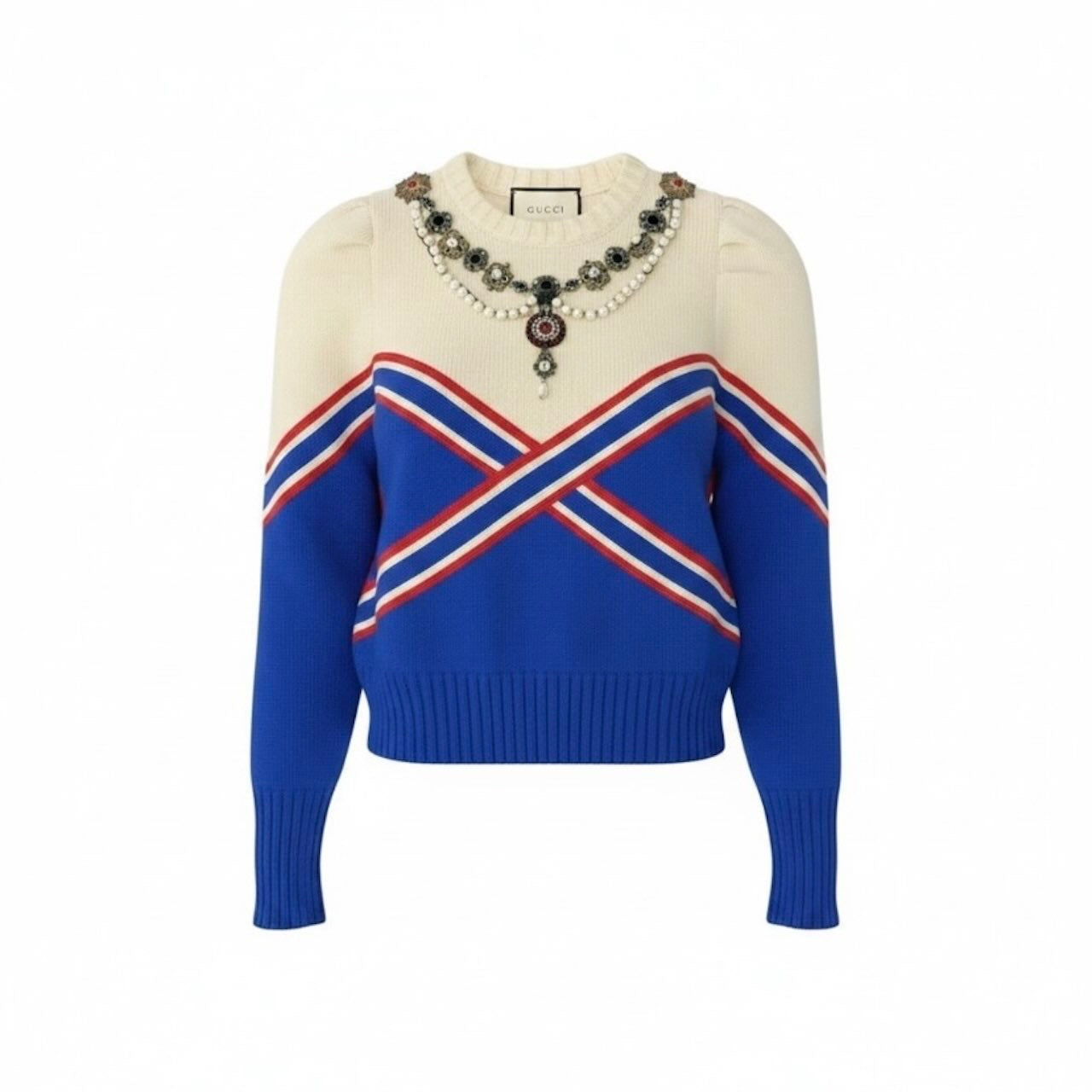 GUCCI グッチ パール ビジュー装飾 ブルー ホワイト ウール トップス レディース AB