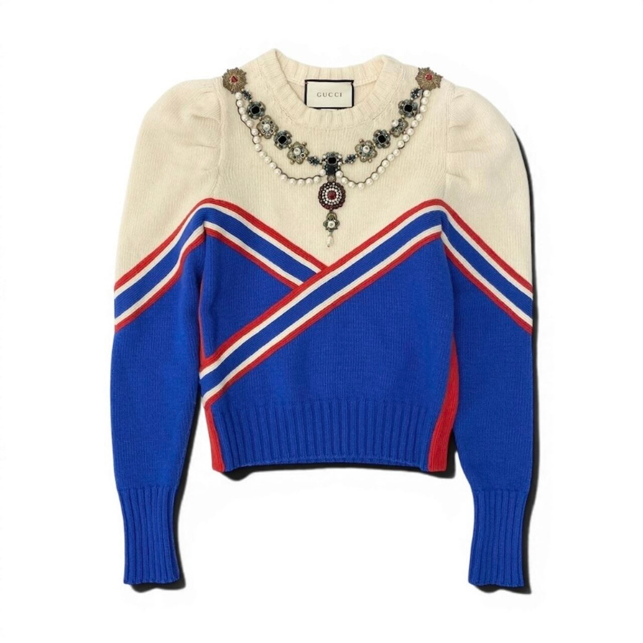 GUCCI グッチ パール ビジュー装飾 ブルー ホワイト ウール トップス レディース AB