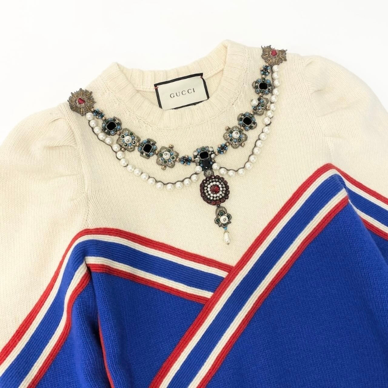 GUCCI グッチ パール ビジュー装飾 ブルー ホワイト ウール トップス レディース AB