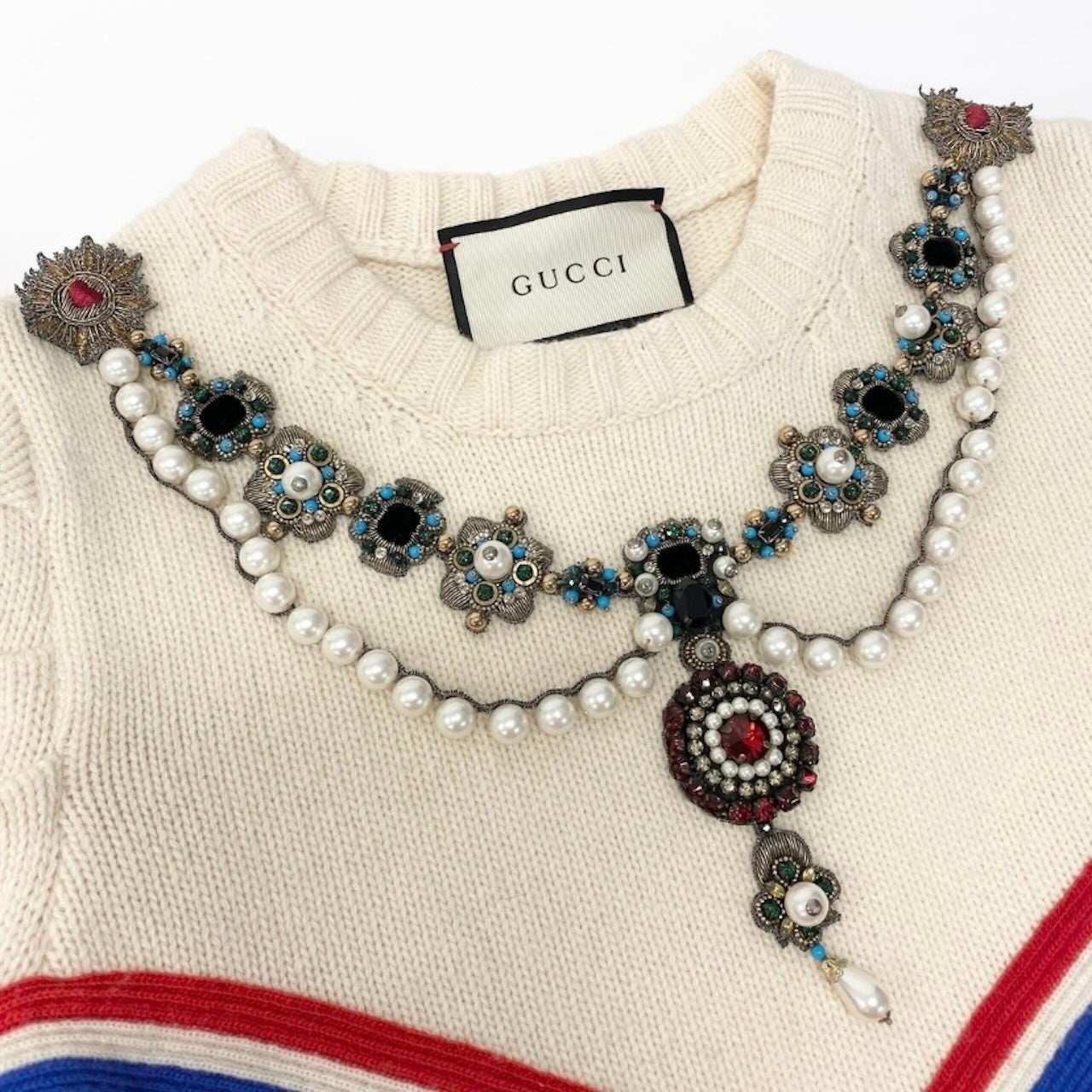 GUCCI グッチ パール ビジュー装飾 ブルー ホワイト ウール トップス レディース AB