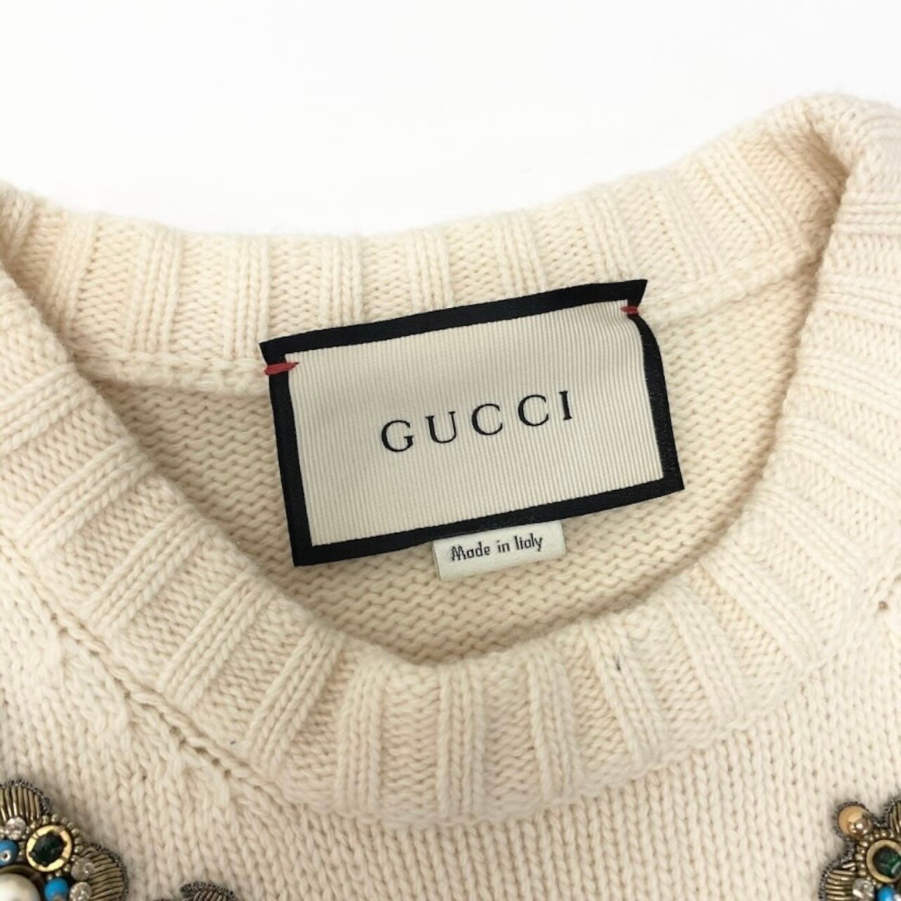 GUCCI グッチ パール ビジュー装飾 ブルー ホワイト ウール トップス レディース AB