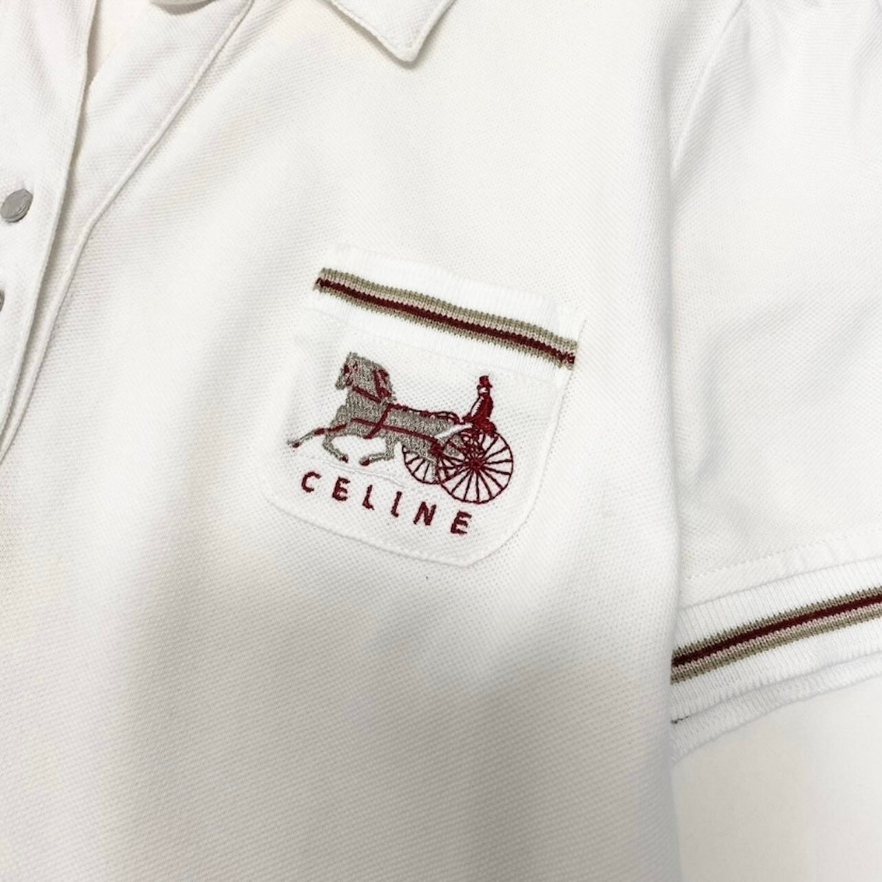 CELINE セリーヌ 半袖 馬車ロゴ刺繍 パフスリーブ ホワイト コットン / ポリウレタン ポロシャツ レディース AB