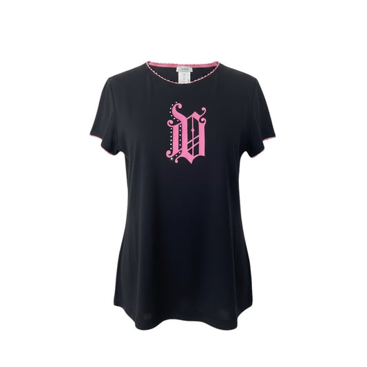 VERSACE ヴェルサーチ ゴシックロゴ ラインストーン レース ブラック ピンク ポリアミド / エラスタン 半袖Ｔシャツ レディース AB