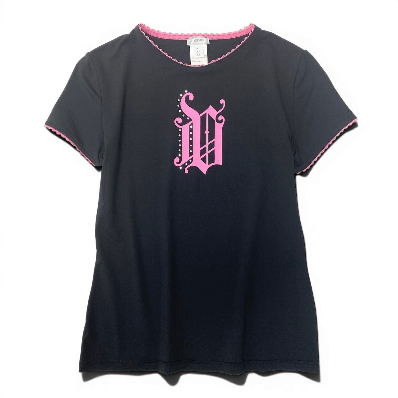VERSACE ヴェルサーチ ゴシックロゴ ラインストーン レース ブラック ピンク ポリアミド / エラスタン 半袖Ｔシャツ レディース AB