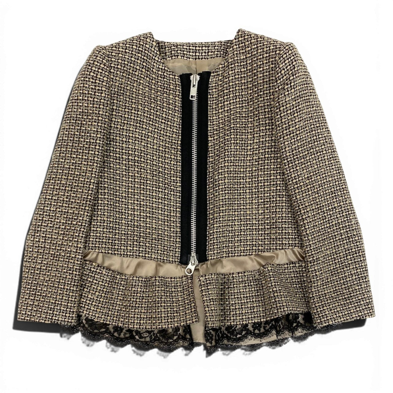 Sacai サカイ ツイードジャケット 切替デザイン ブラウン コットン / アクリル / レーヨン 12-01565 ノーカラージャケット レディース BC