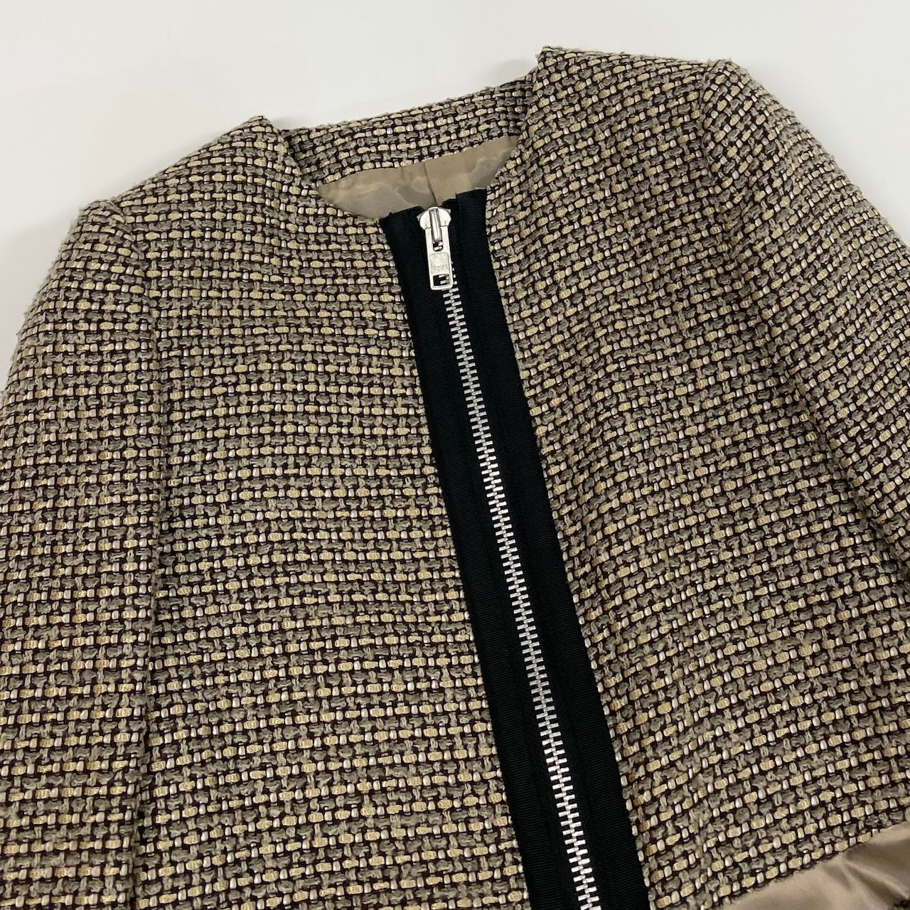 Sacai サカイ ツイードジャケット 切替デザイン ブラウン コットン / アクリル / レーヨン 12-01565 ノーカラージャケット レディース BC