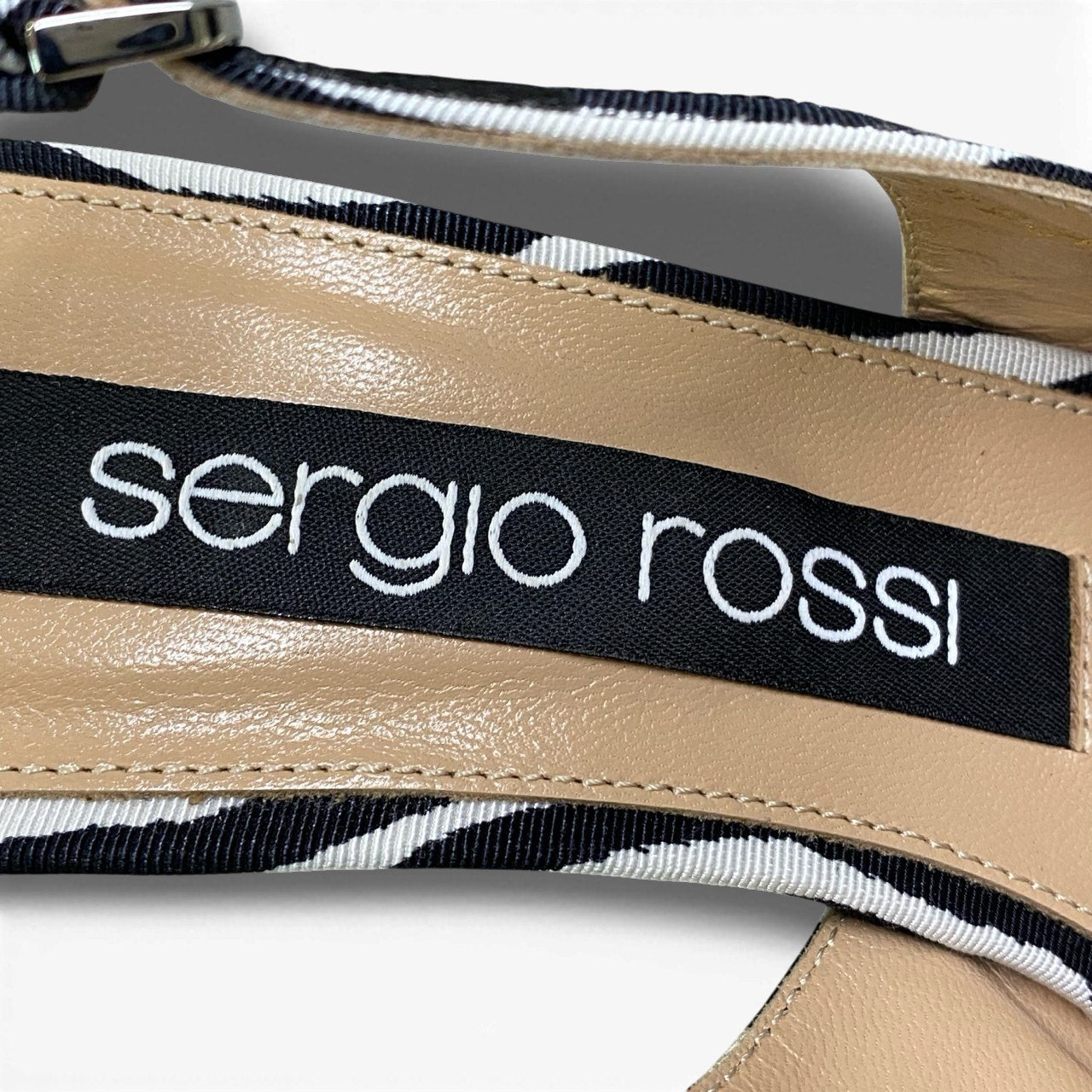 Sergio Rossi セルジオロッシ ウェッジソール ストラップサンダル オープントゥ ゼブラ柄 ブラック ホワイト キャンバス サンダル レディース B