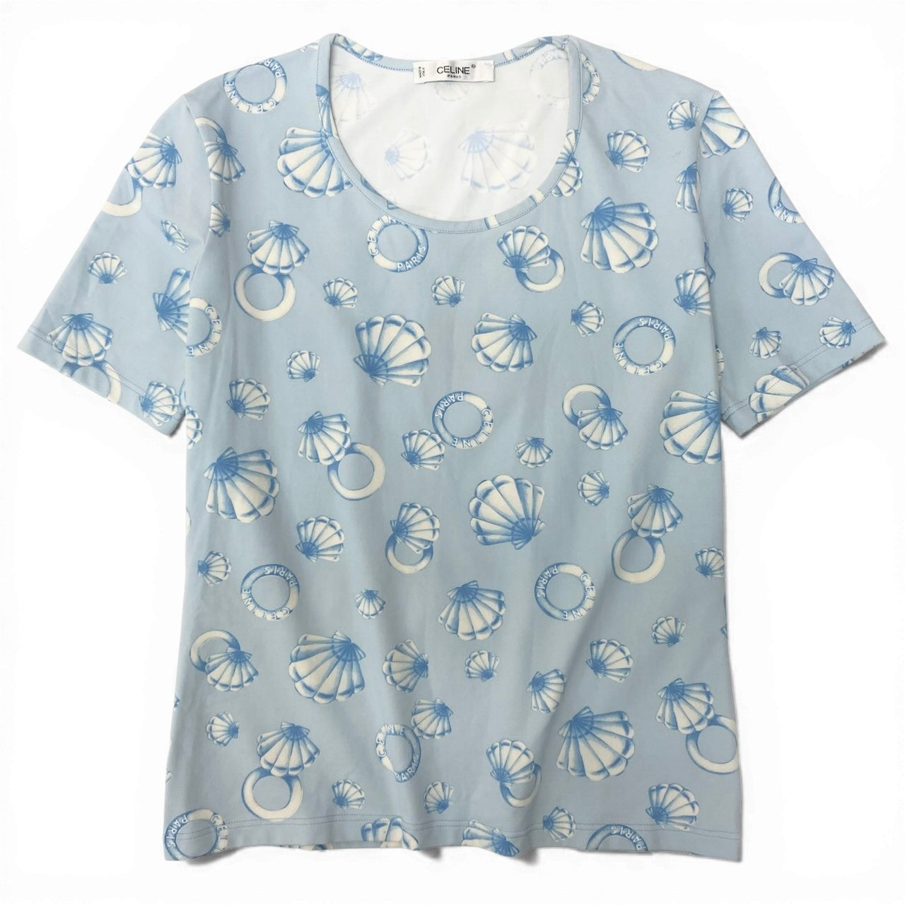 CELINE セリーヌ マリン柄 クルーネック カットソー 総柄 伸縮ストレッチ ブルー 半袖Ｔシャツ レディース B
