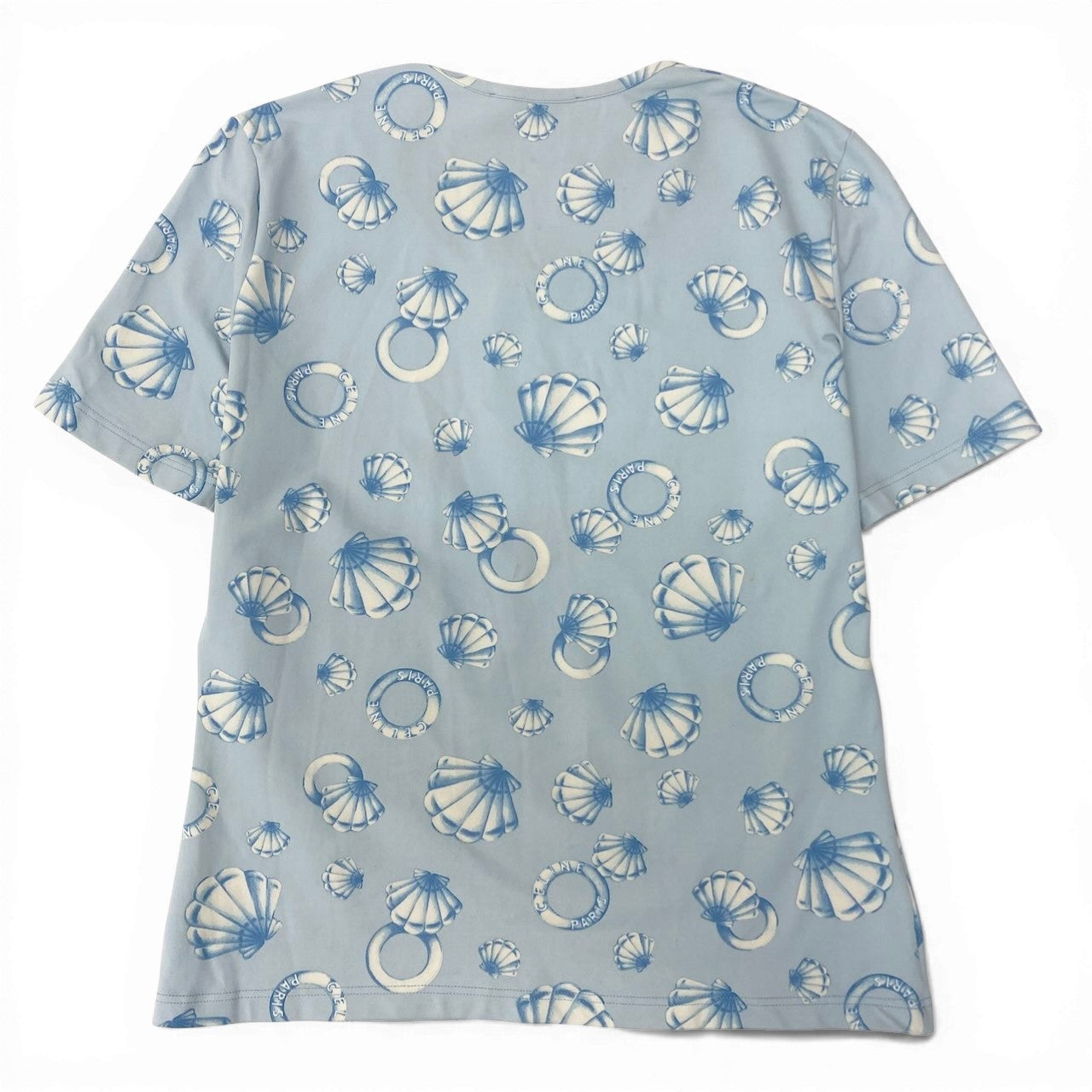 CELINE セリーヌ マリン柄 クルーネック カットソー 総柄 伸縮ストレッチ ブルー 半袖Ｔシャツ レディース B