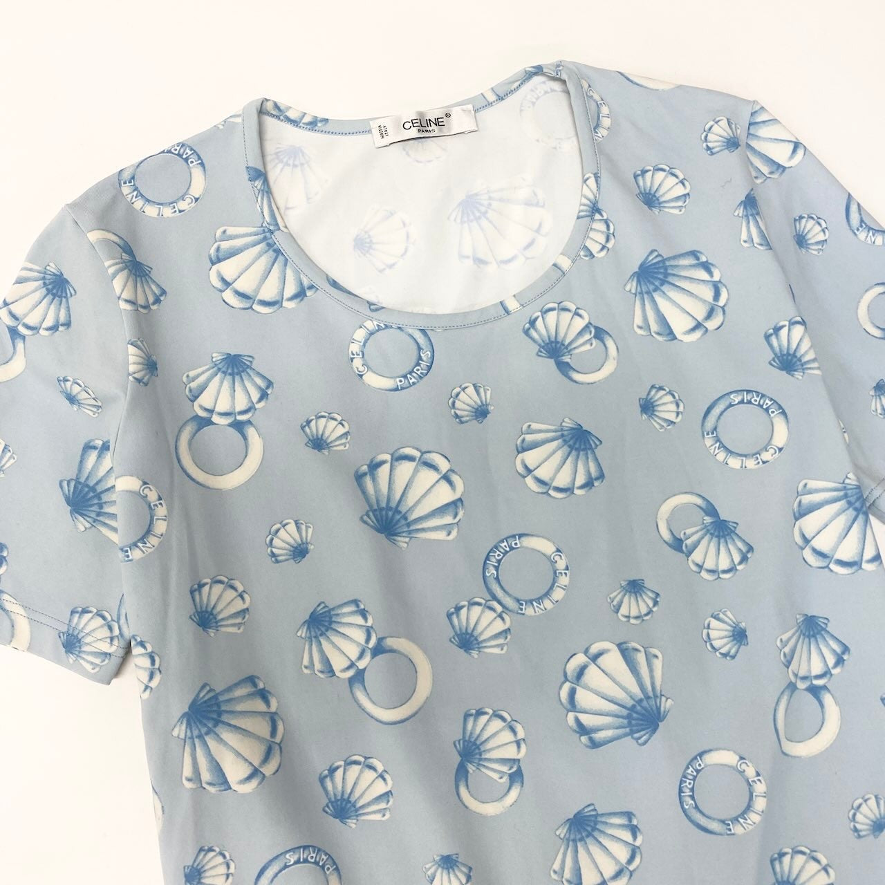 CELINE セリーヌ マリン柄 クルーネック カットソー 総柄 伸縮ストレッチ ブルー 半袖Ｔシャツ レディース B