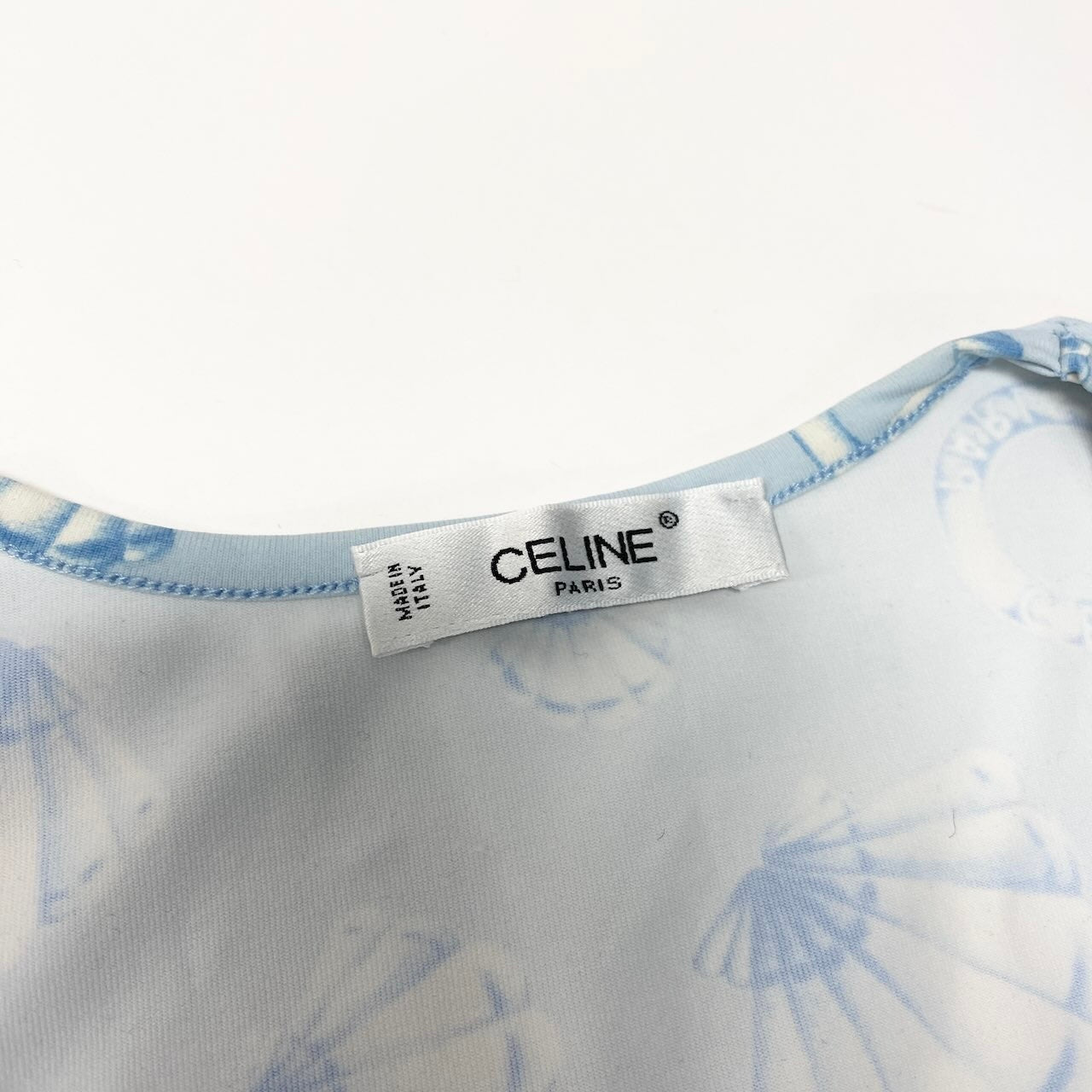 CELINE セリーヌ マリン柄 クルーネック カットソー 総柄 伸縮ストレッチ ブルー 半袖Ｔシャツ レディース B