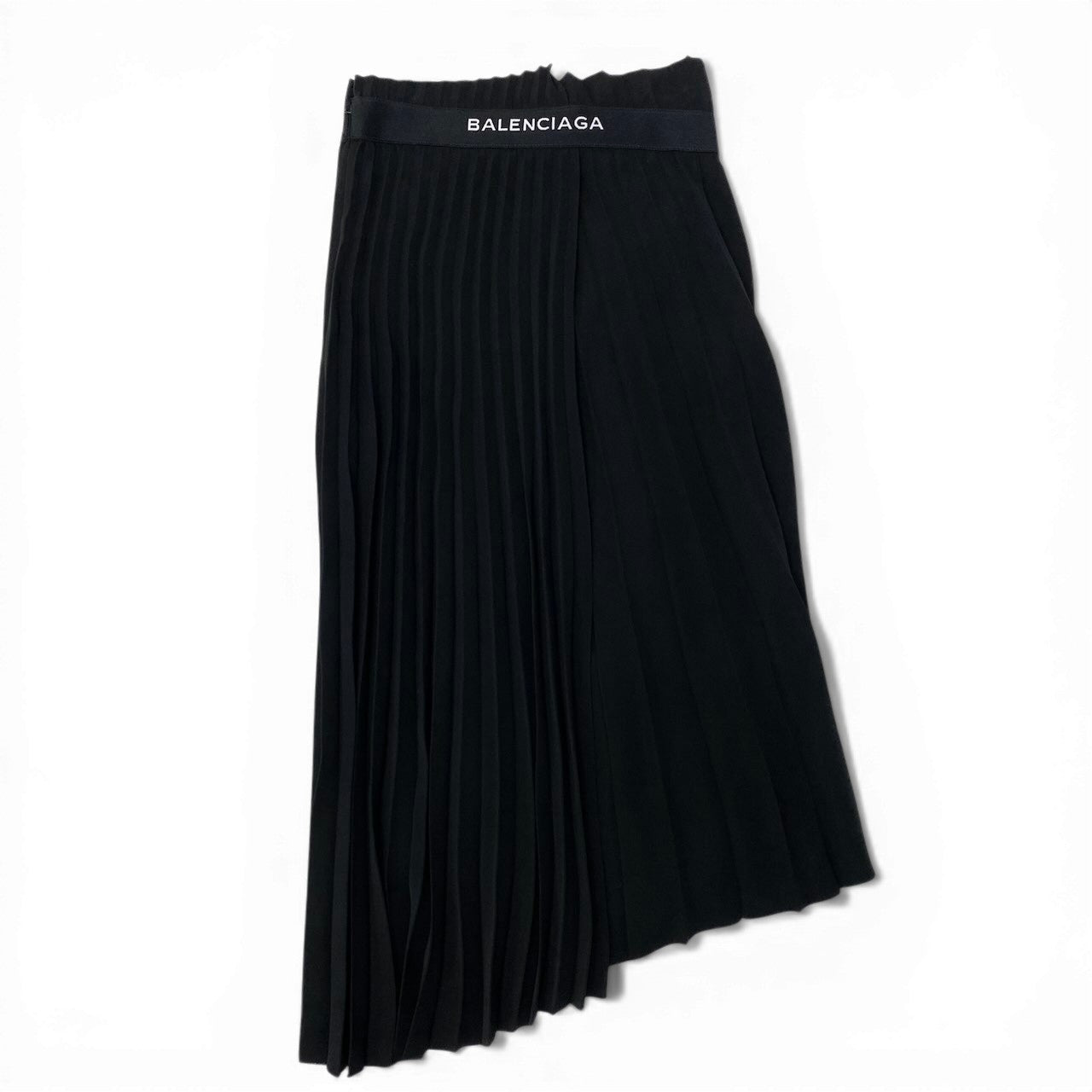 BALENCIAGA バレンシアガ プリーツスカート ラップスカート アシンメトリーデザイン ウエストロゴ ブラック ポリエステル スカート レディース ABP