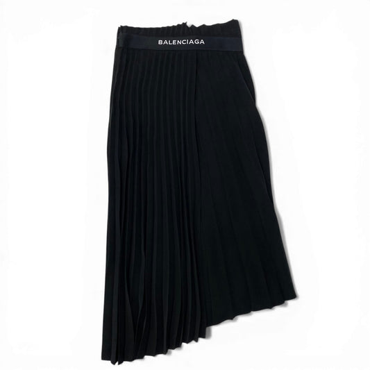 BALENCIAGA バレンシアガ プリーツスカート ラップスカート アシンメトリーデザイン ウエストロゴ ブラック ポリエステル スカート レディース ABP